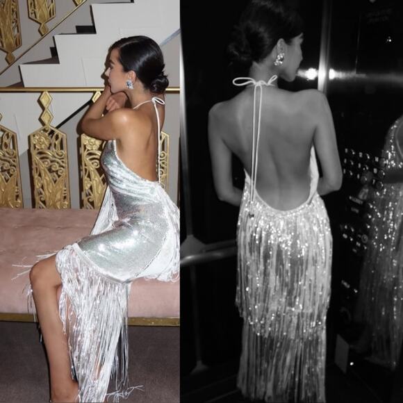 Rotate Birger Christensen Sequin Metallic Fringe Sleeveless Dress Silver Size 10 - Picture 2 of 16